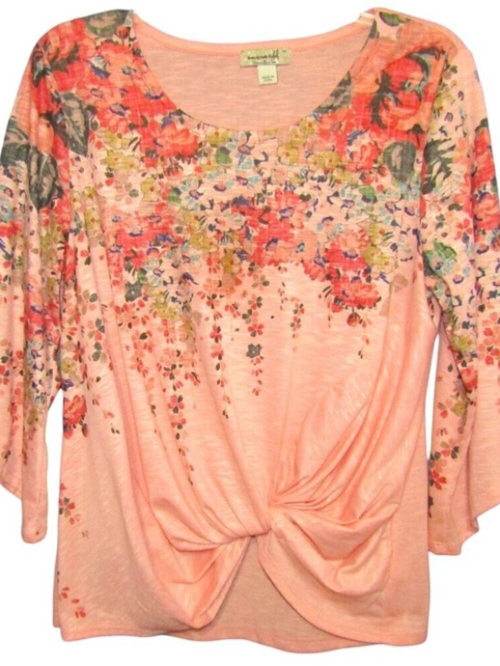 One World Live And Let Live Peach Floral Top Women Size M Twist Front 3/4 Sleeve